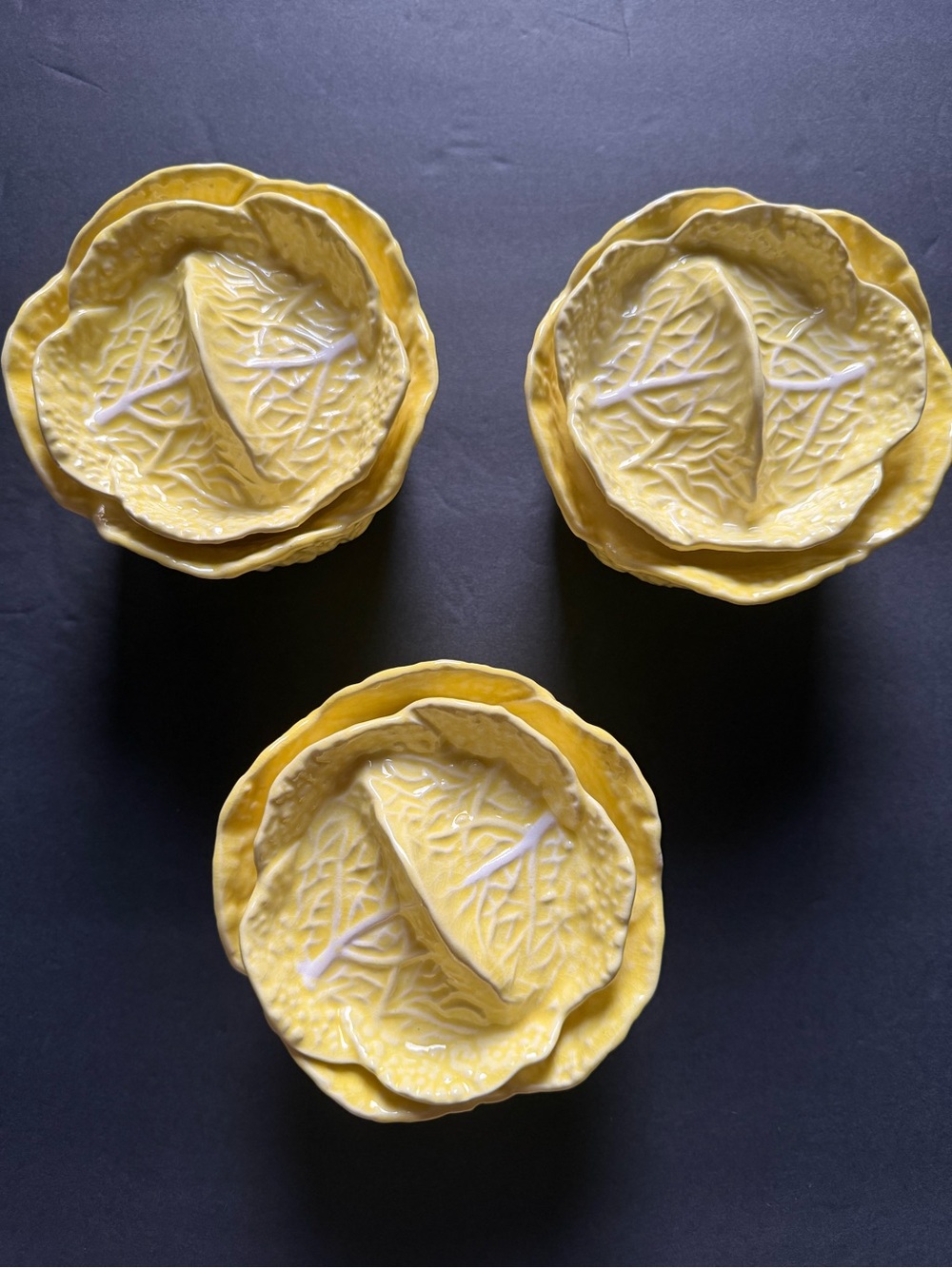 Vintage Majolica Yellow Cabbage soup Bowls & Lids Ceramics set of 3